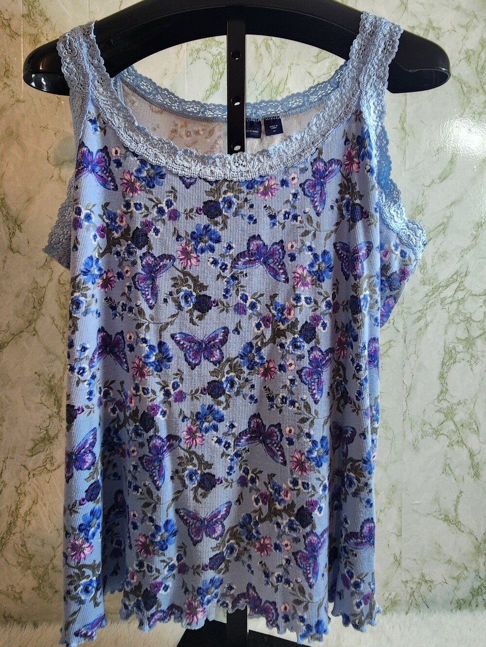 BASIC EDITIONS Butterflies & Flowers Ribbed Cotton Tank